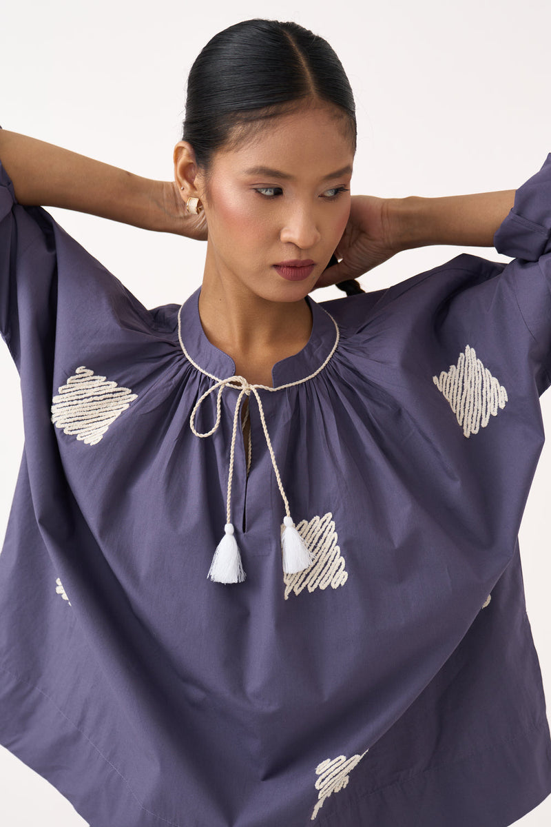 Wave Emb. Top-Ash Violet poplin top/shirt by THREE in violet for women in Singapore