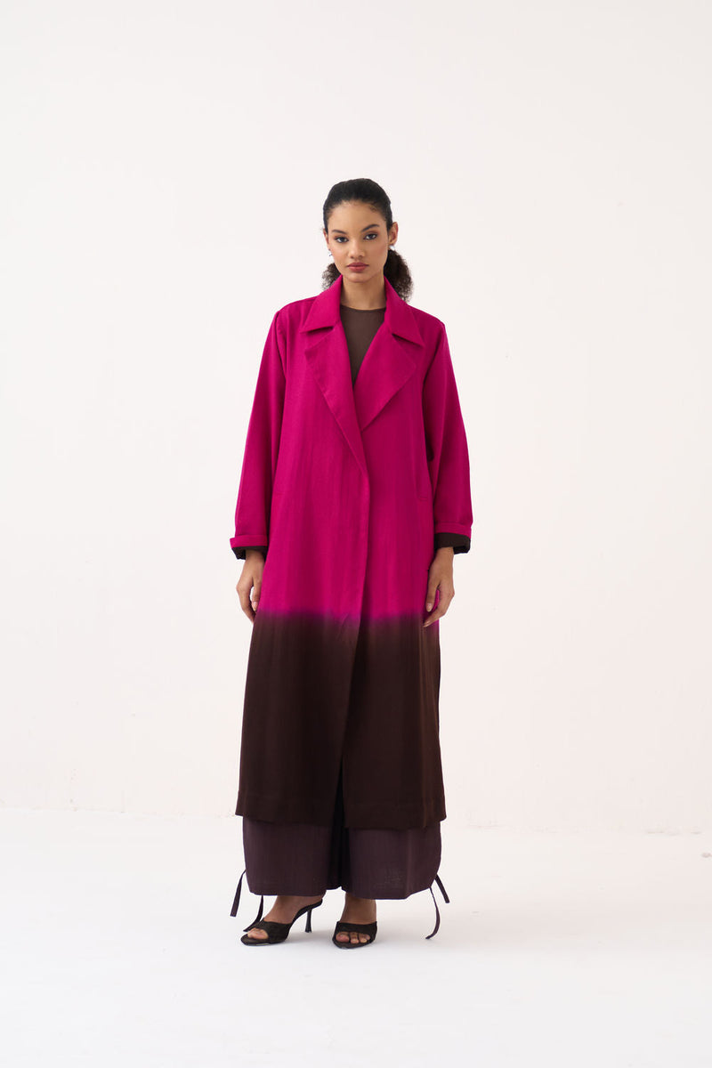 Dip Dye Woollen Trench Co-Ord (Set Of 2)-Fuchsia / Dark Brown handwoven cotton co-ord set by THREE in fuchsia / brown for women in Singapore