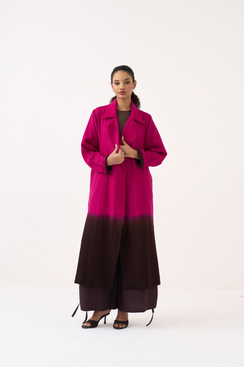 Dip Dye Woollen Trench-Fuchsia / Dark Brown merino wool jacket/overlay by THREE in fuchsia / brown for women in Singapore