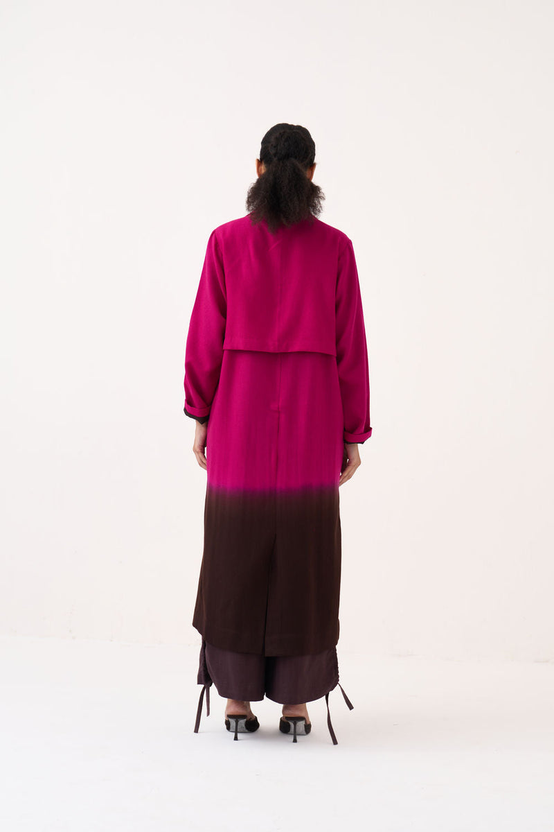 Dip Dye Woollen Trench Co-Ord (Set Of 2)-Fuchsia / Dark Brown handwoven cotton co-ord set by THREE in fuchsia / brown for women in Singapore
