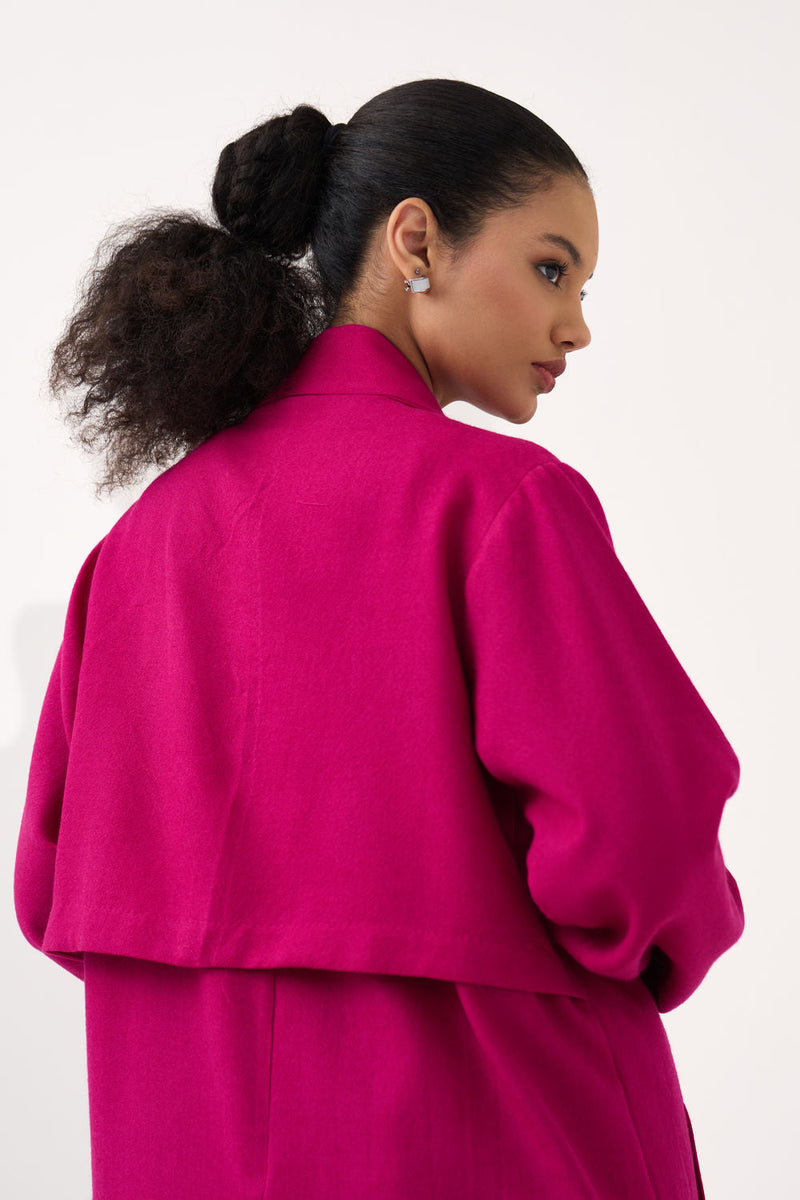 Dip Dye Woollen Trench Co-Ord (Set Of 2)-Fuchsia / Dark Brown handwoven cotton co-ord set by THREE in fuchsia / brown for women in Singapore