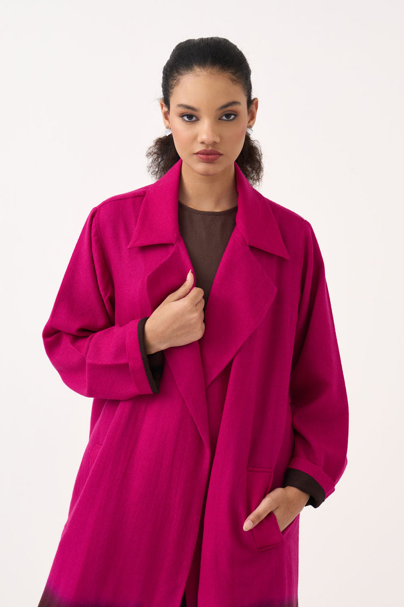 Dip Dye Woollen Trench Co-Ord (Set Of 2)-Fuchsia / Dark Brown handwoven cotton co-ord set by THREE in fuchsia / brown for women in Singapore