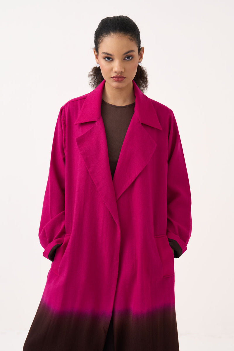 Dip Dye Woollen Trench Co-Ord (Set Of 2)-Fuchsia / Dark Brown handwoven cotton co-ord set by THREE in fuchsia / brown for women in Singapore