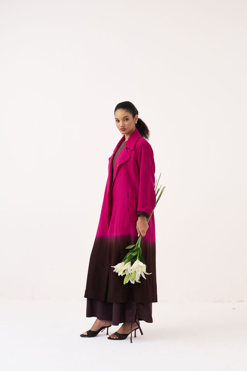 Dip Dye Woollen Trench Co-Ord (Set Of 2)-Fuchsia / Dark Brown handwoven cotton co-ord set by THREE in fuchsia / brown for women in Singapore