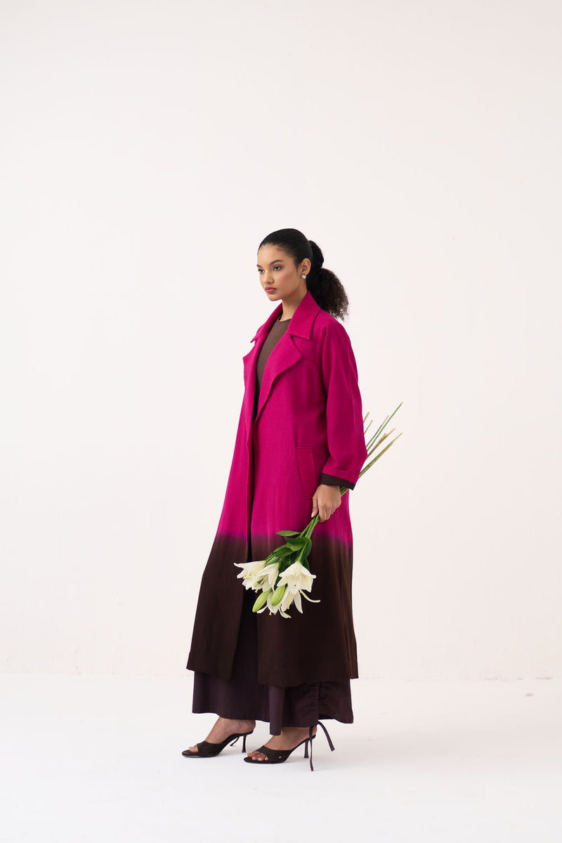 Dip Dye Woollen Trench-Fuchsia / Dark Brown merino wool jacket/overlay by THREE in fuchsia / brown for women in Singapore