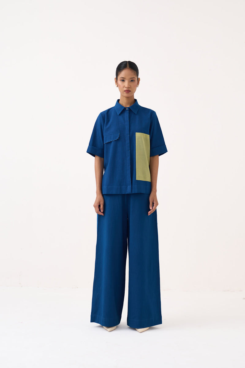 Back Drawstring Floral Shirt-Cobalt Blue  handwoven cotton tunics/kaftan by THREE in cobalt blue for women in Singapore