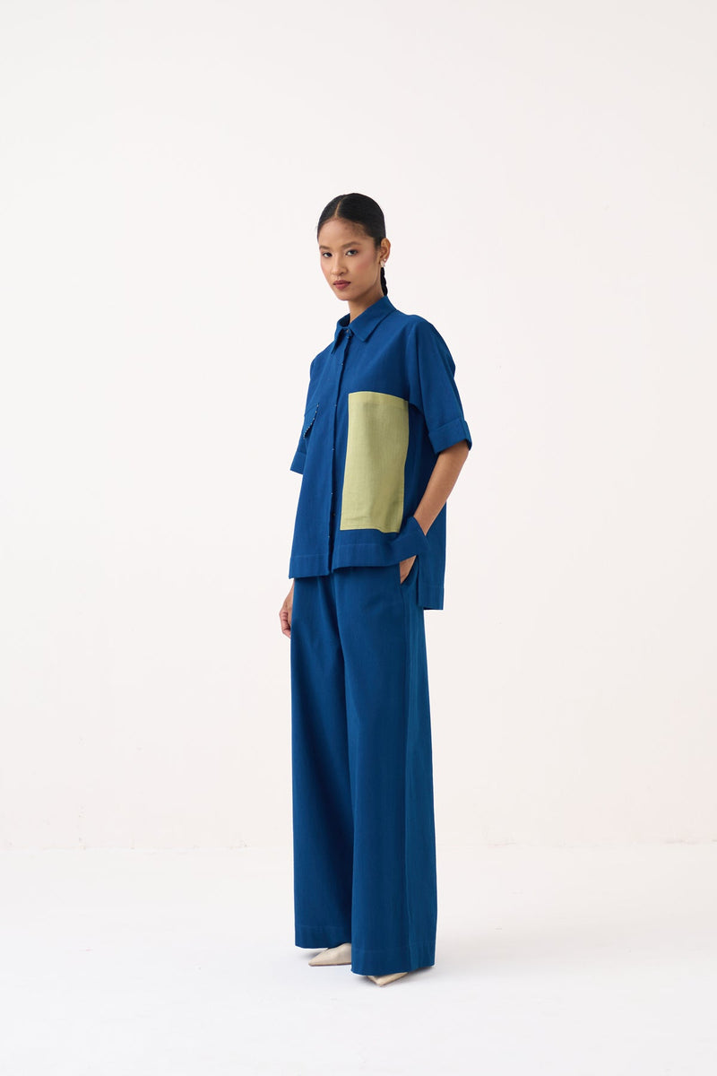 Back Drawstring Floral Shirt-Cobalt Blue  handwoven cotton tunics/kaftan by THREE in cobalt blue for women in Singapore