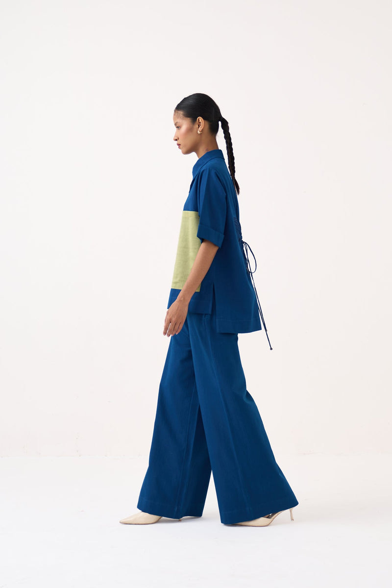 Back Drawstring Floral Shirt-Cobalt Blue  handwoven cotton tunics/kaftan by THREE in cobalt blue for women in Singapore