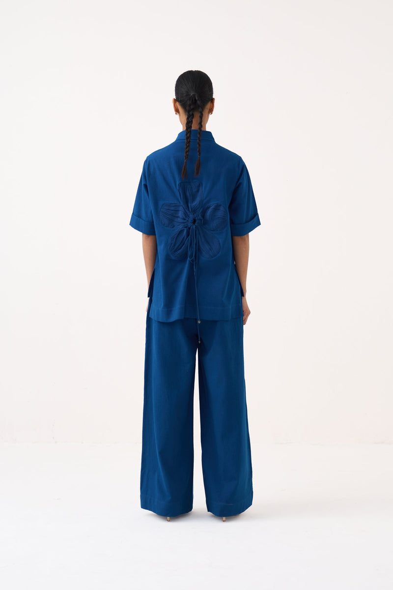 Back Drawstring Floral Shirt-Cobalt Blue  handwoven cotton tunics/kaftan by THREE in cobalt blue for women in Singapore