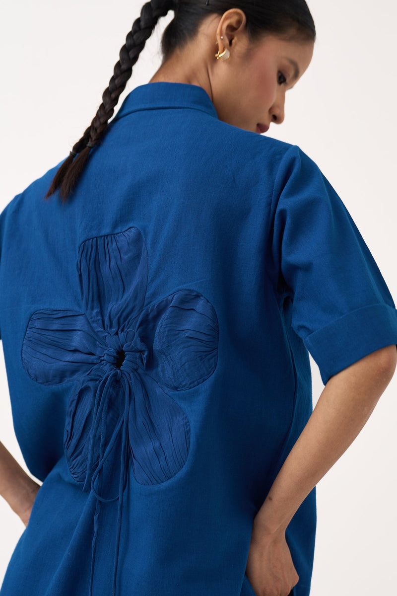 Back Drawstring Floral Shirt-Cobalt Blue  handwoven cotton tunics/kaftan by THREE in cobalt blue for women in Singapore