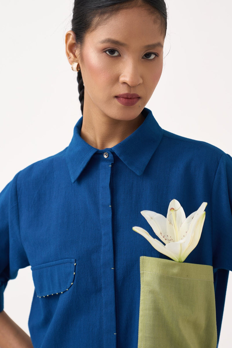 Back Drawstring Floral Shirt-Cobalt Blue  handwoven cotton tunics/kaftan by THREE in cobalt blue for women in Singapore