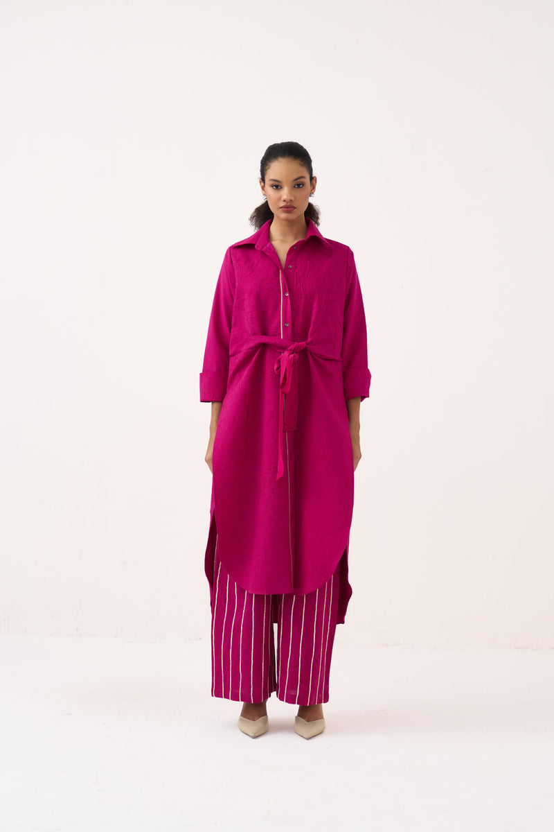 Front Knot Shirt Co-Ord (Set Of 2)-Bright Berry handwoven cotton co-ord set by THREE in pink for women in Singapore