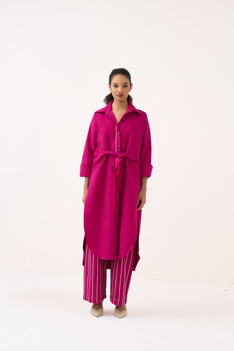 Front Knot Tunic-Bright Berry handwoven cotton tunics/kaftan by THREE in pink for women in Singapore