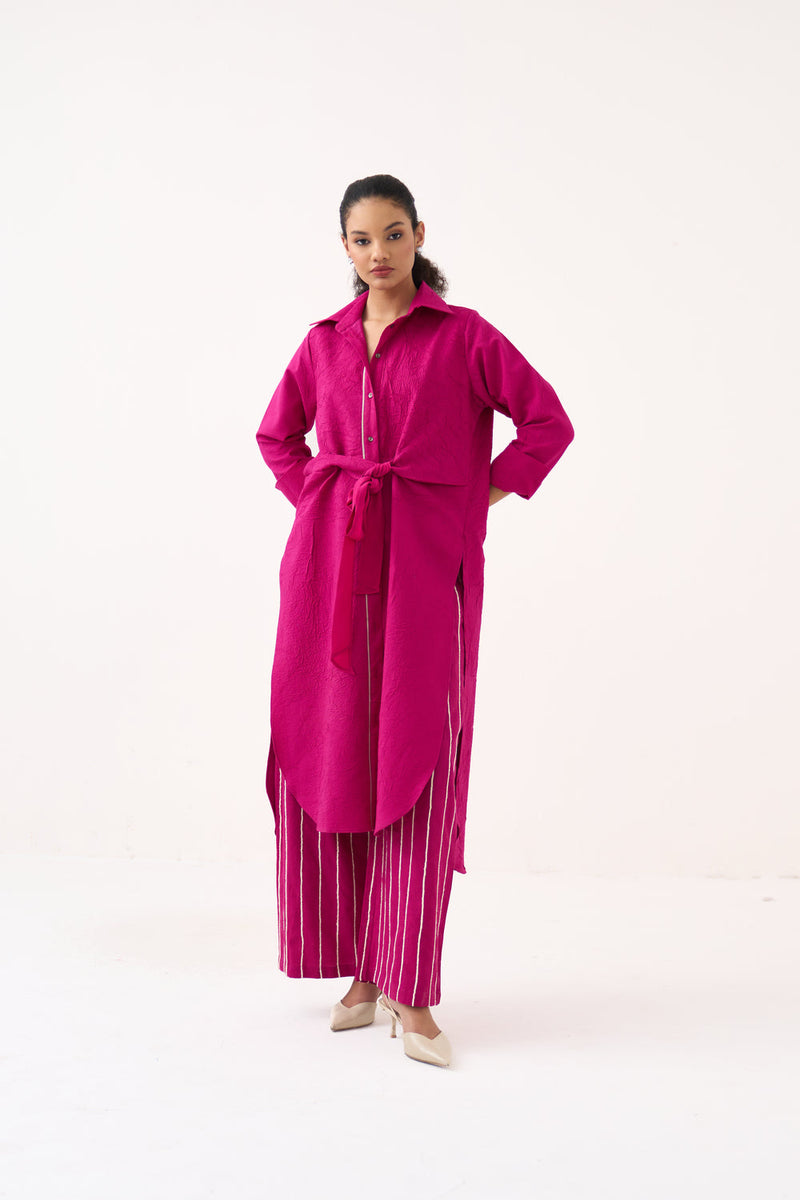 Front Knot Tunic-Bright Berry handwoven cotton tunics/kaftan by THREE in pink for women in Singapore