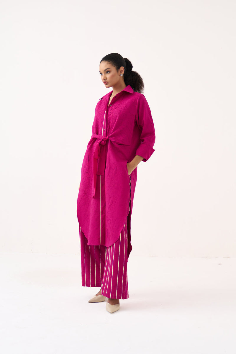 Front Knot Shirt Co-Ord (Set Of 2)-Bright Berry handwoven cotton co-ord set by THREE in pink for women in Singapore