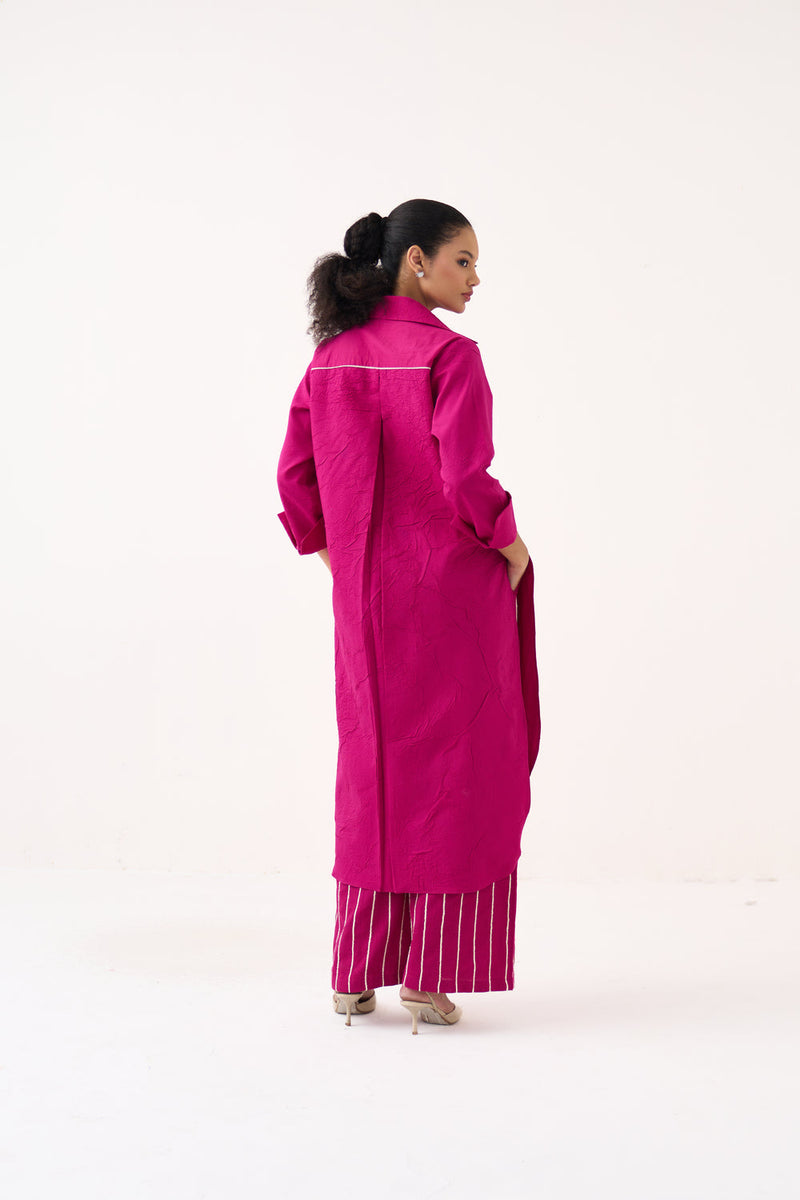 Front Knot Shirt Co-Ord (Set Of 2)-Bright Berry handwoven cotton co-ord set by THREE in pink for women in Singapore