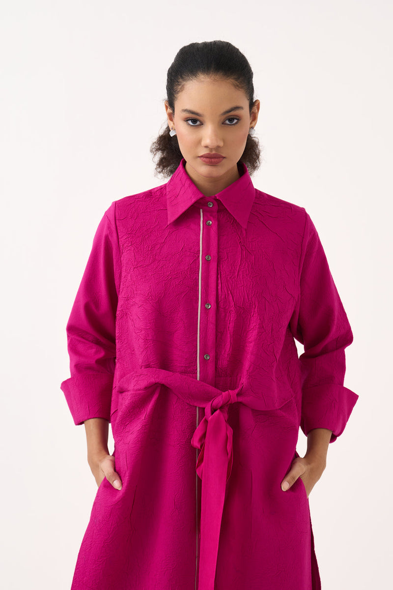 Front Knot Shirt Co-Ord (Set Of 2)-Bright Berry handwoven cotton co-ord set by THREE in pink for women in Singapore