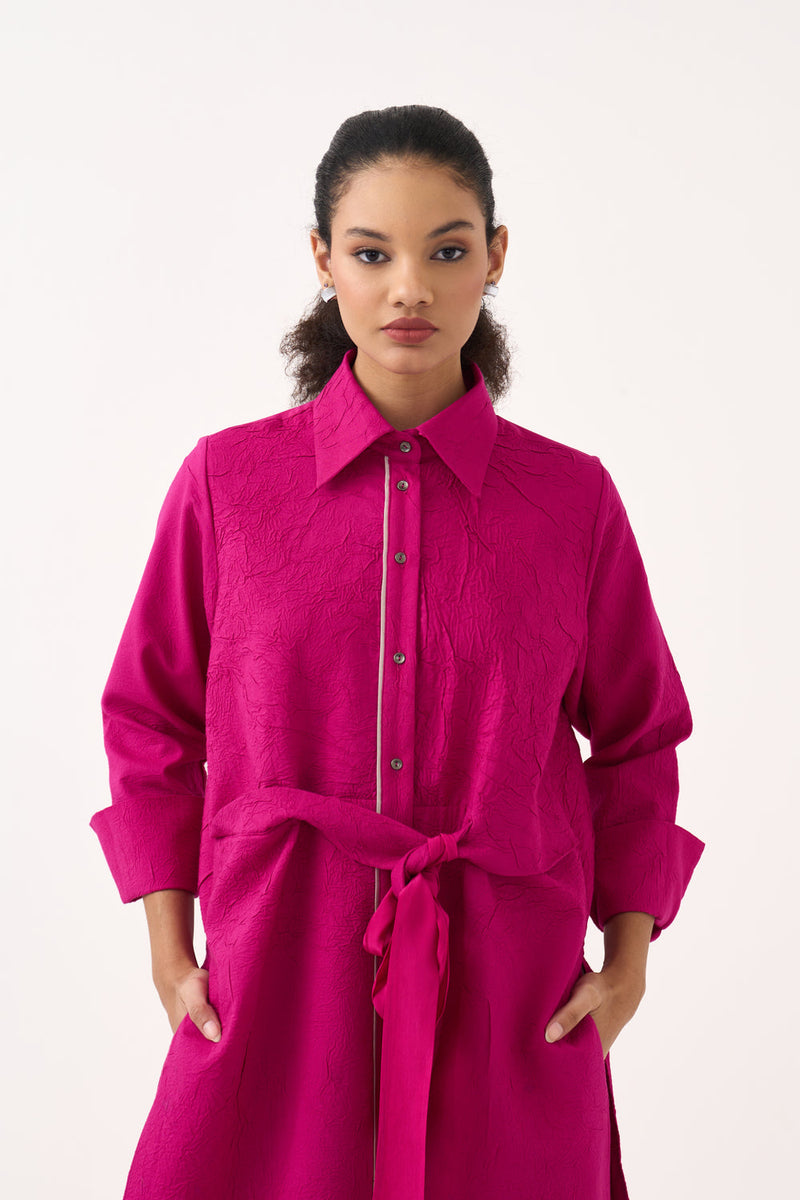 Front Knot Tunic-Bright Berry handwoven cotton tunics/kaftan by THREE in pink for women in Singapore