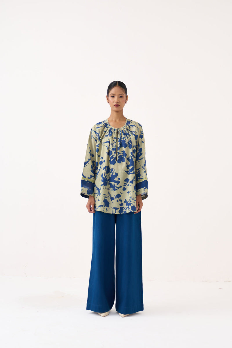 Wide Sleeve Gather Neck Top Co-Ord-Cobalt Blue/Soft Moss Floral 100% cotton poplin co-ord set by THREE in cobalt blue for women in Singapore
