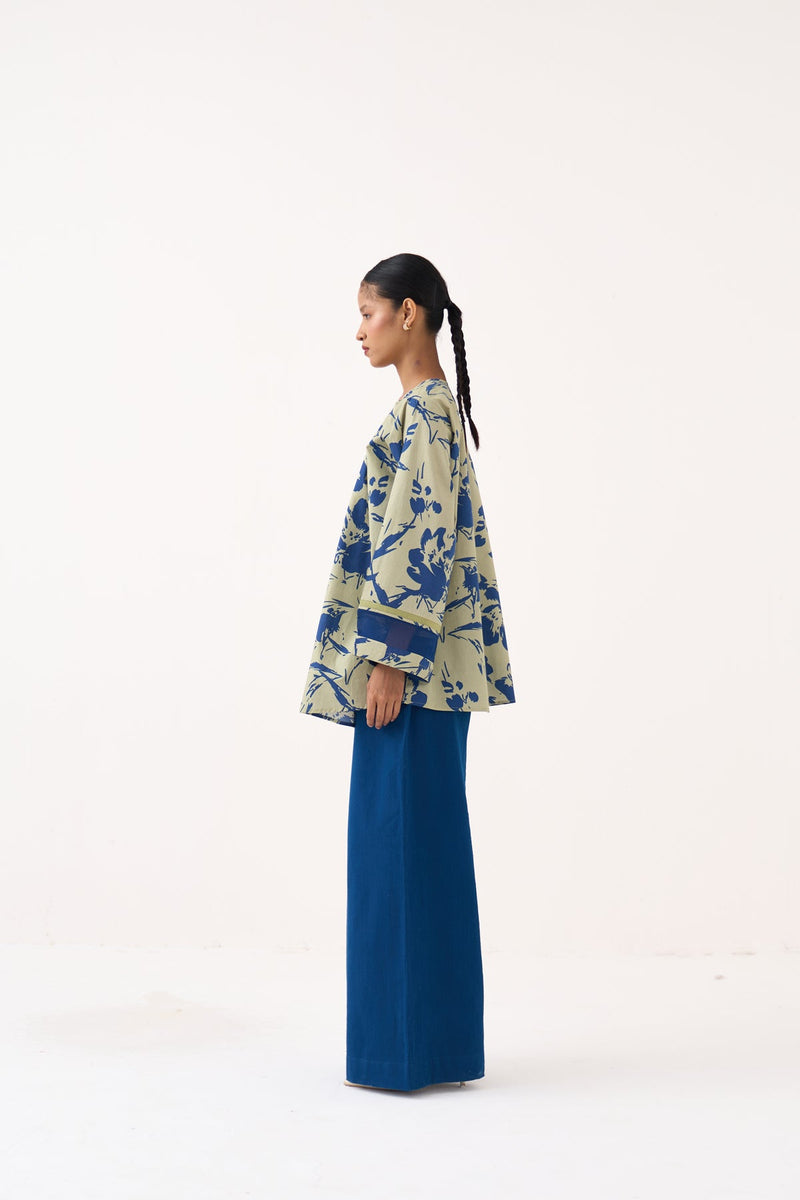 Wide Sleeve Gather Neck Top-Cobalt Blue/Soft Moss Floral  100% cotton poplin top/shirt by THREE in cobalt blue for women in Singapore