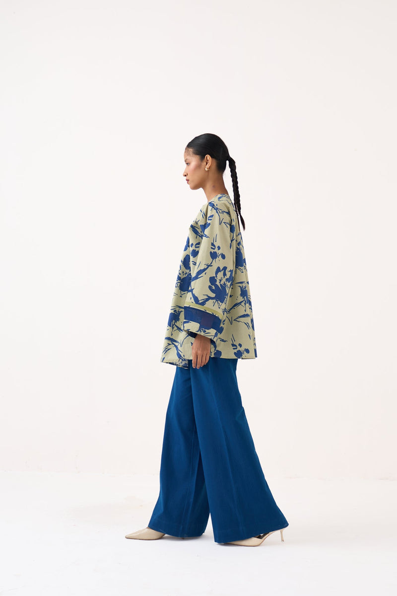 Wide Sleeve Gather Neck Top-Cobalt Blue/Soft Moss Floral  100% cotton poplin top/shirt by THREE in cobalt blue for women in Singapore