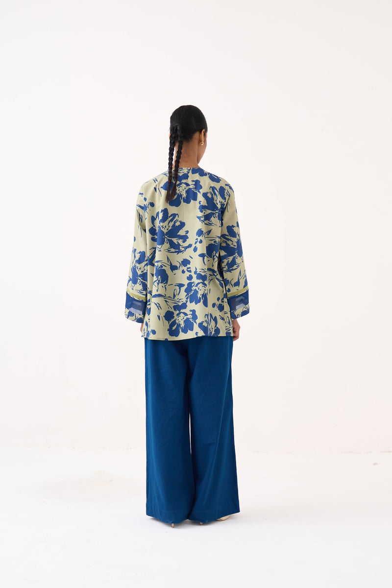 Wide Sleeve Gather Neck Top Co-Ord-Cobalt Blue/Soft Moss Floral 100% cotton poplin co-ord set by THREE in cobalt blue for women in Singapore