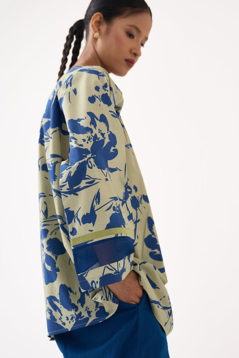 Wide Sleeve Gather Neck Top Co-Ord-Cobalt Blue/Soft Moss Floral 100% cotton poplin co-ord set by THREE in cobalt blue for women in Singapore