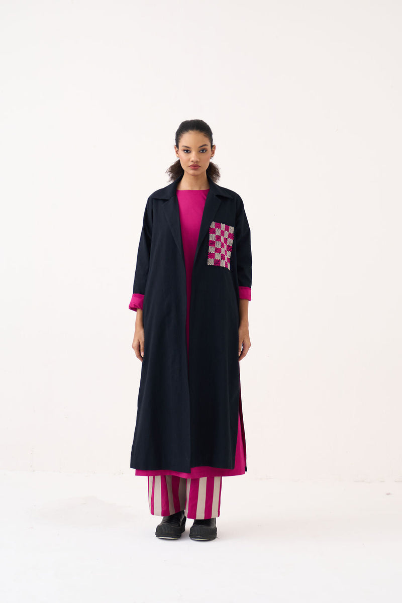 Check Patch Overlay Co-Ord (Set Of 3)-Black handwoven cotton co-ord set by THREE in black, fuchsia for women in Singapore