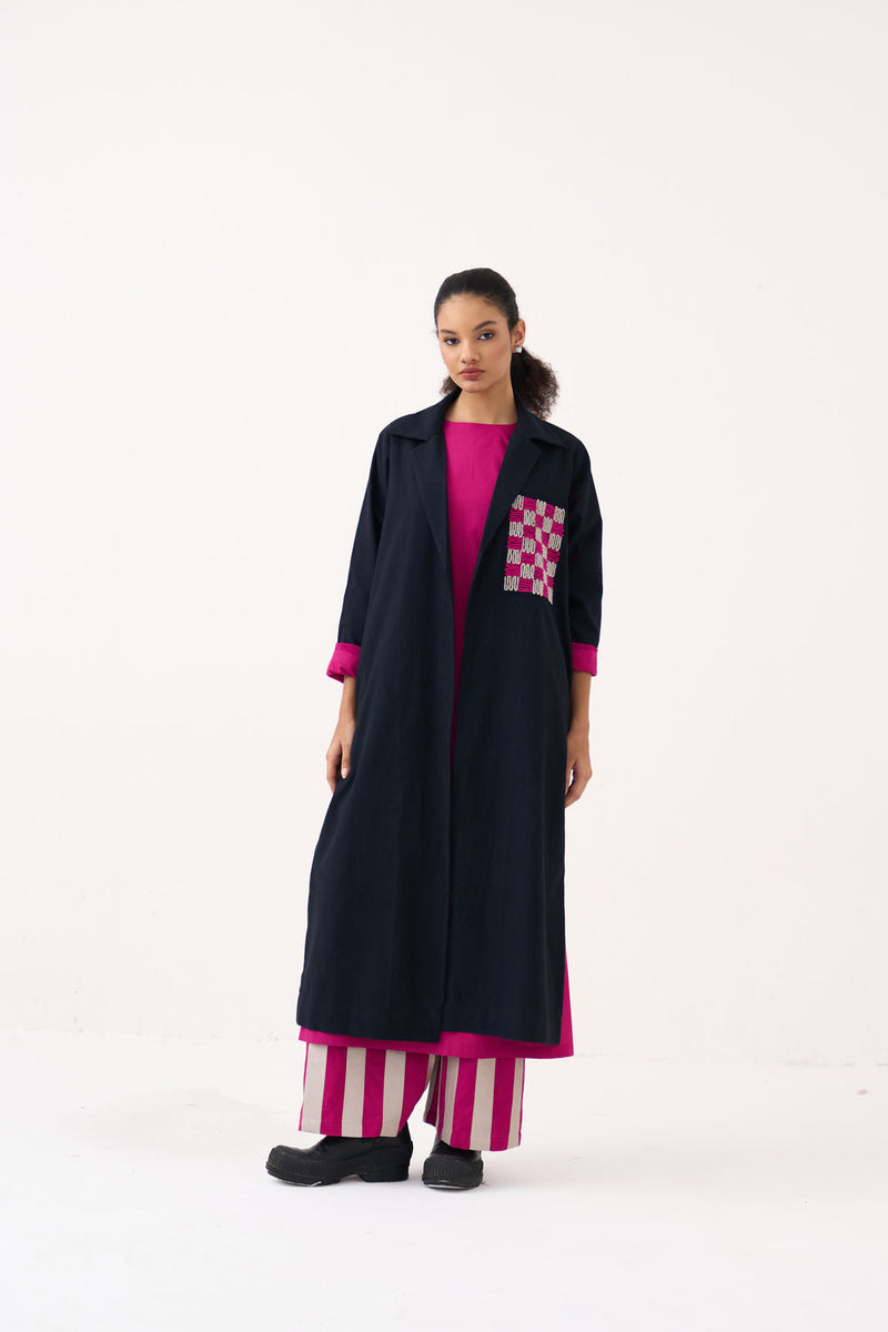 Check Patch Overlay Co-Ord (Set Of 3)-Black handwoven cotton co-ord set by THREE in black, fuchsia for women in Singapore