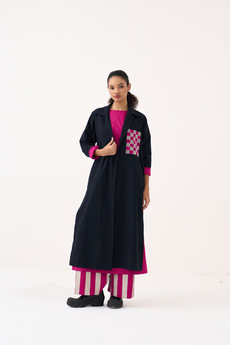 Check Patch Overlay-Black handwoven cotton jacket/overlay by THREE in black for women in Singapore