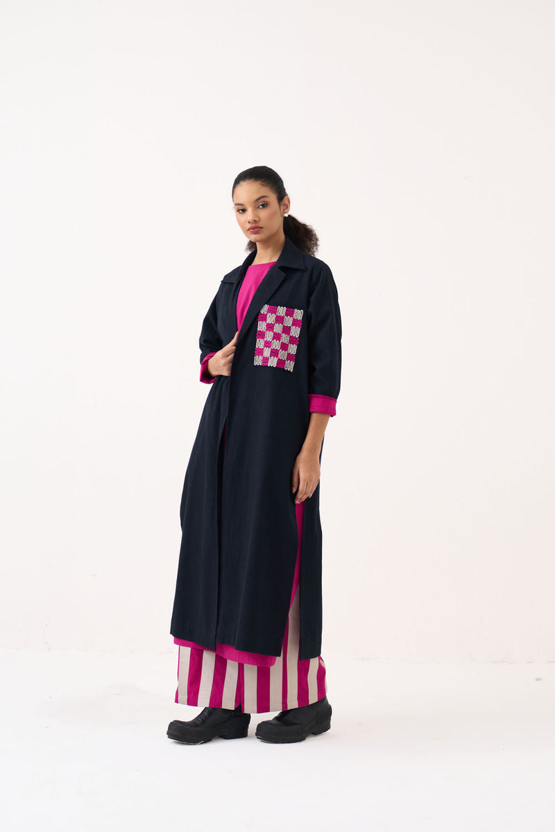 Check Patch Overlay-Black handwoven cotton jacket/overlay by THREE in black for women in Singapore