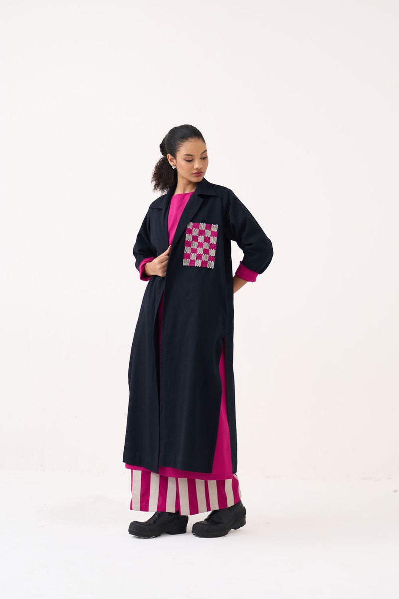 Check Patch Overlay-Black handwoven cotton jacket/overlay by THREE in black for women in Singapore