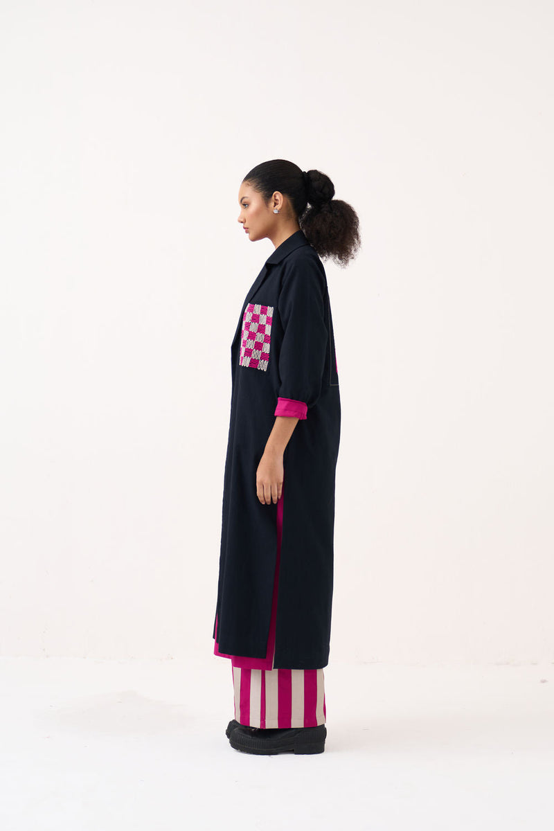 Check Patch Overlay Co-Ord (Set Of 3)-Black handwoven cotton co-ord set by THREE in black, fuchsia for women in Singapore