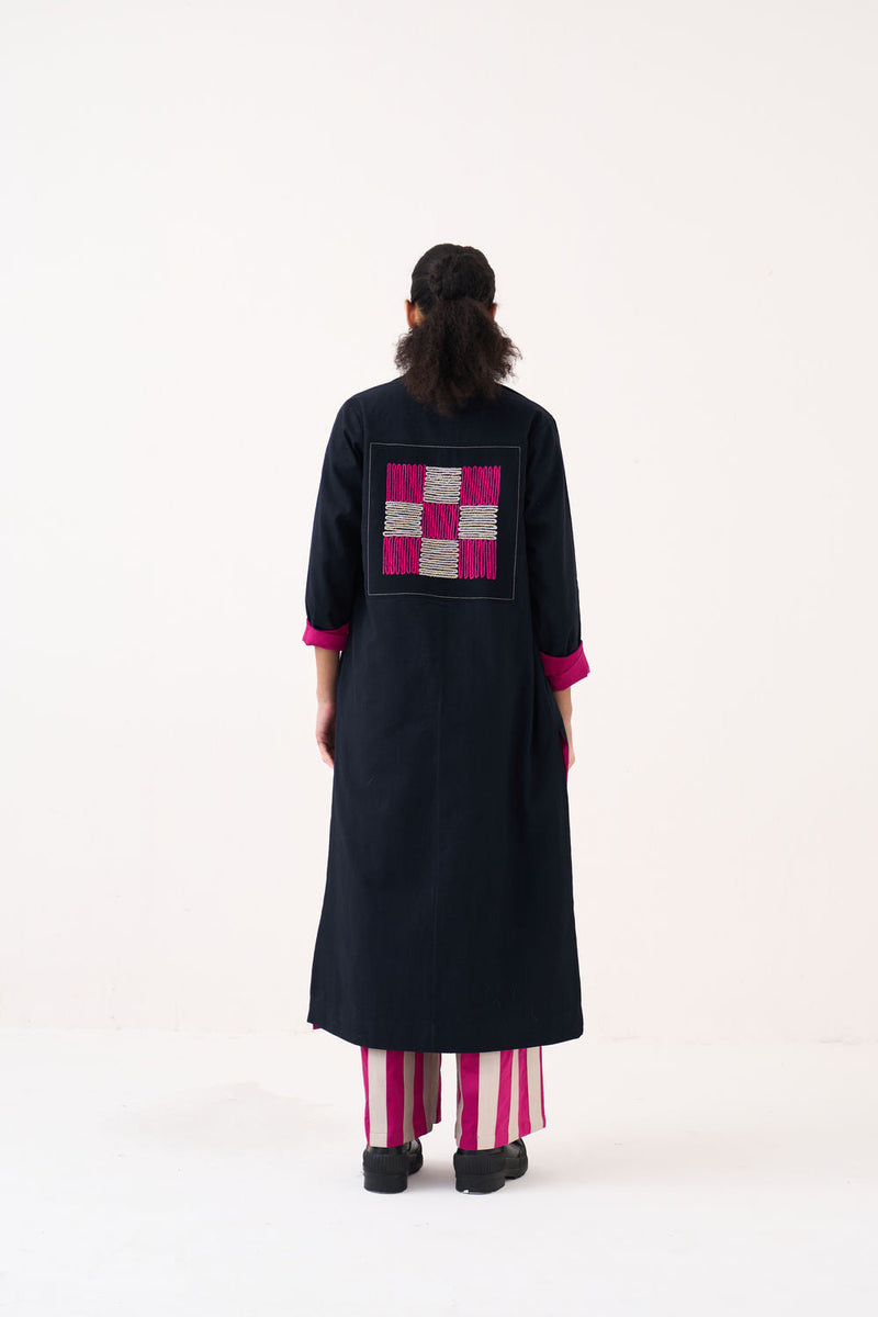 Check Patch Overlay Co-Ord (Set Of 3)-Black handwoven cotton co-ord set by THREE in black, fuchsia for women in Singapore