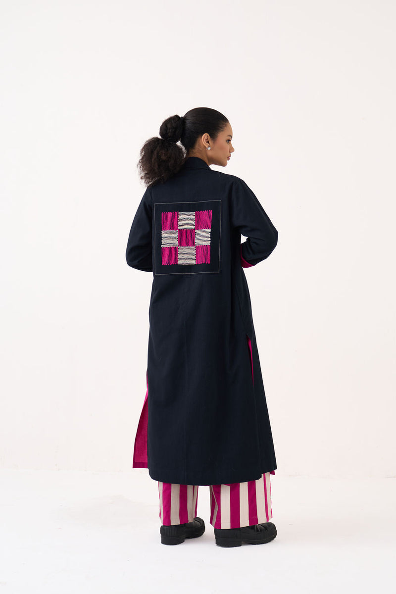 Check Patch Overlay-Black handwoven cotton jacket/overlay by THREE in black for women in Singapore