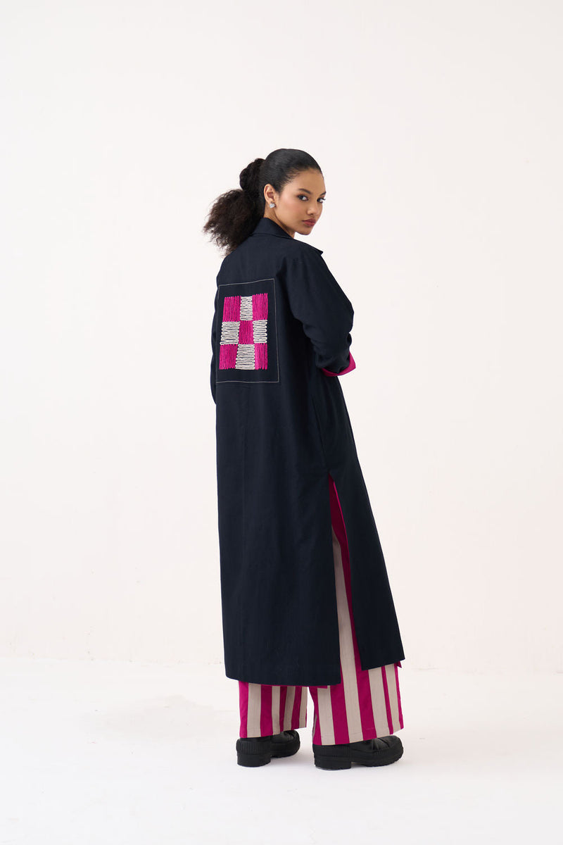Check Patch Overlay Co-Ord (Set Of 3)-Black handwoven cotton co-ord set by THREE in black, fuchsia for women in Singapore