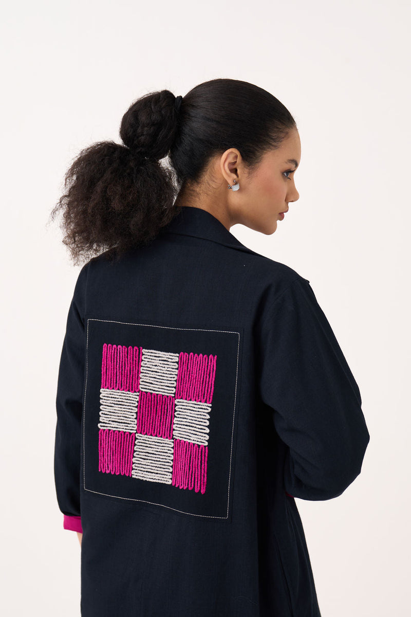 Check Patch Overlay-Black handwoven cotton jacket/overlay by THREE in black for women in Singapore