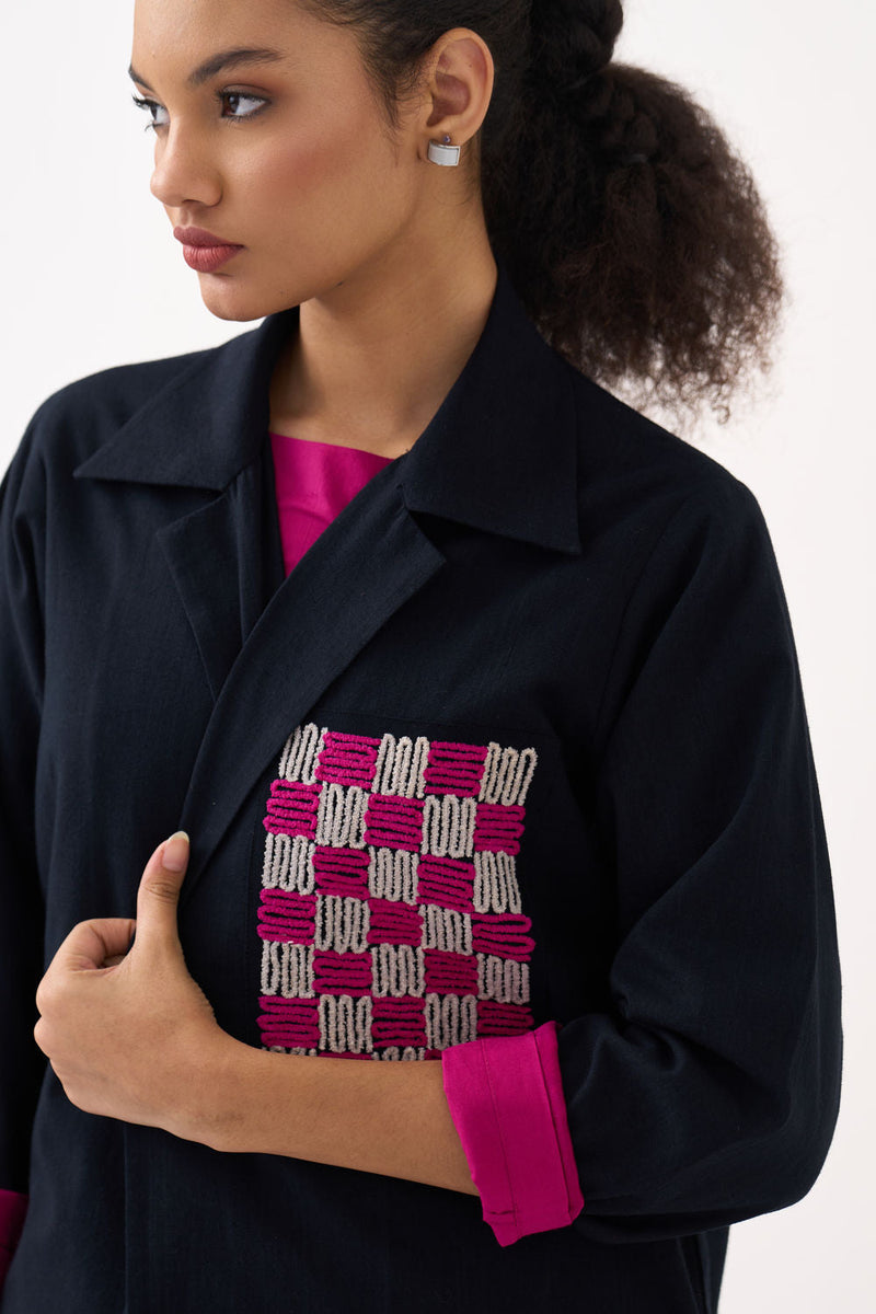 Check Patch Overlay-Black handwoven cotton jacket/overlay by THREE in black for women in Singapore