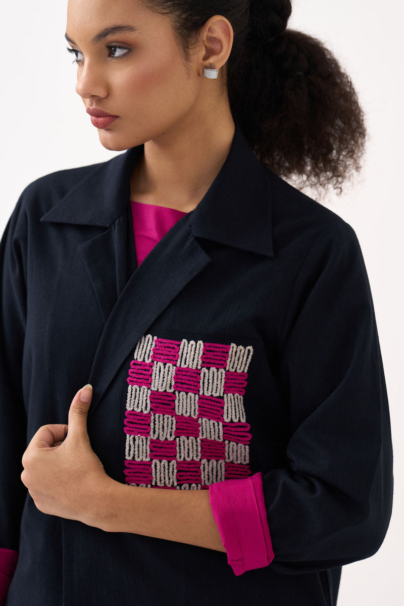 Check Patch Overlay-Black handwoven cotton jacket/overlay by THREE in black for women in Singapore