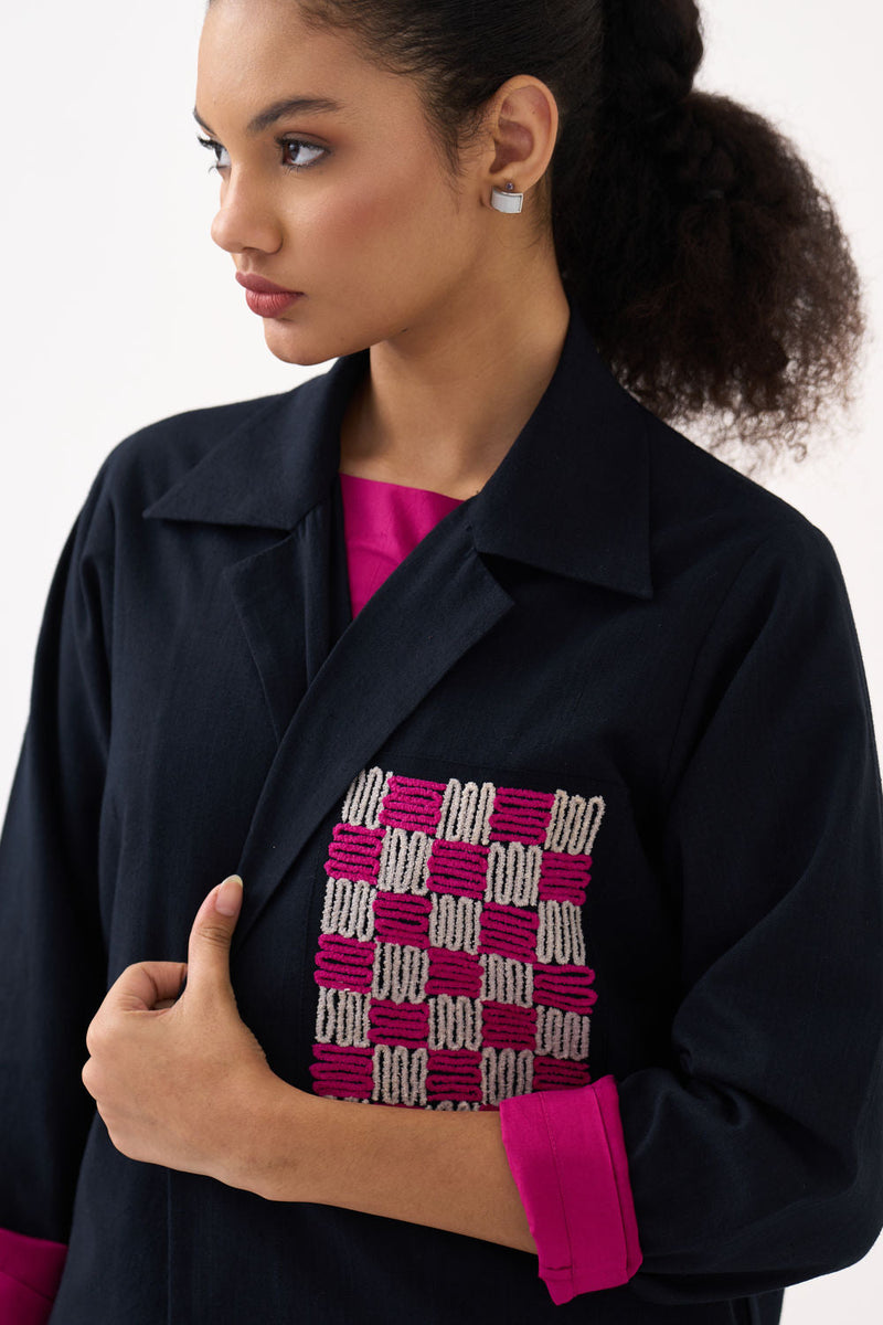 Check Patch Overlay Co-Ord (Set Of 3)-Black handwoven cotton co-ord set by THREE in black, fuchsia for women in Singapore