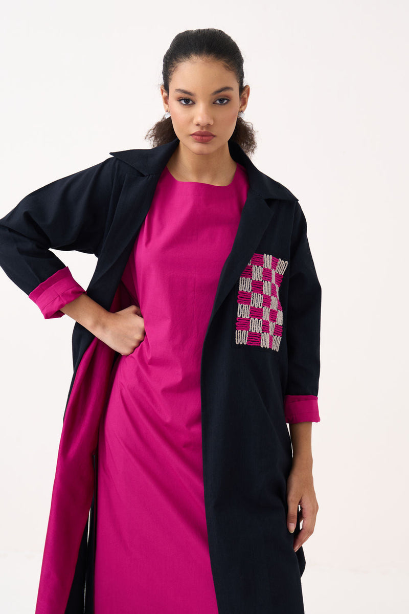 Check Patch Overlay Co-Ord (Set Of 3)-Black handwoven cotton co-ord set by THREE in black, fuchsia for women in Singapore
