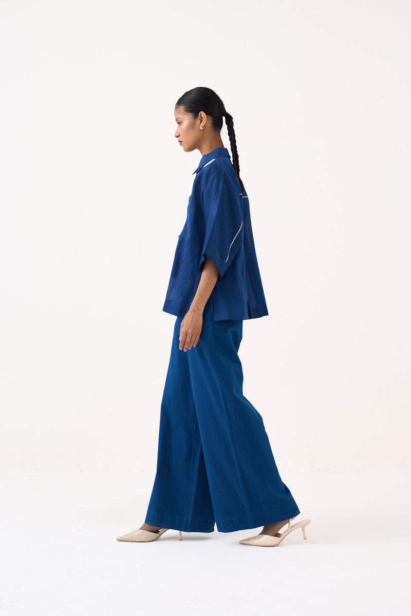 Floral Applique Shirt-Cobalt Blue   chanderi tunics/kaftan by THREE in cobalt blue for women in Singapore