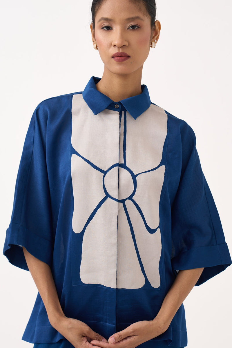 Floral Applique Shirt-Cobalt Blue   chanderi tunics/kaftan by THREE in cobalt blue for women in Singapore