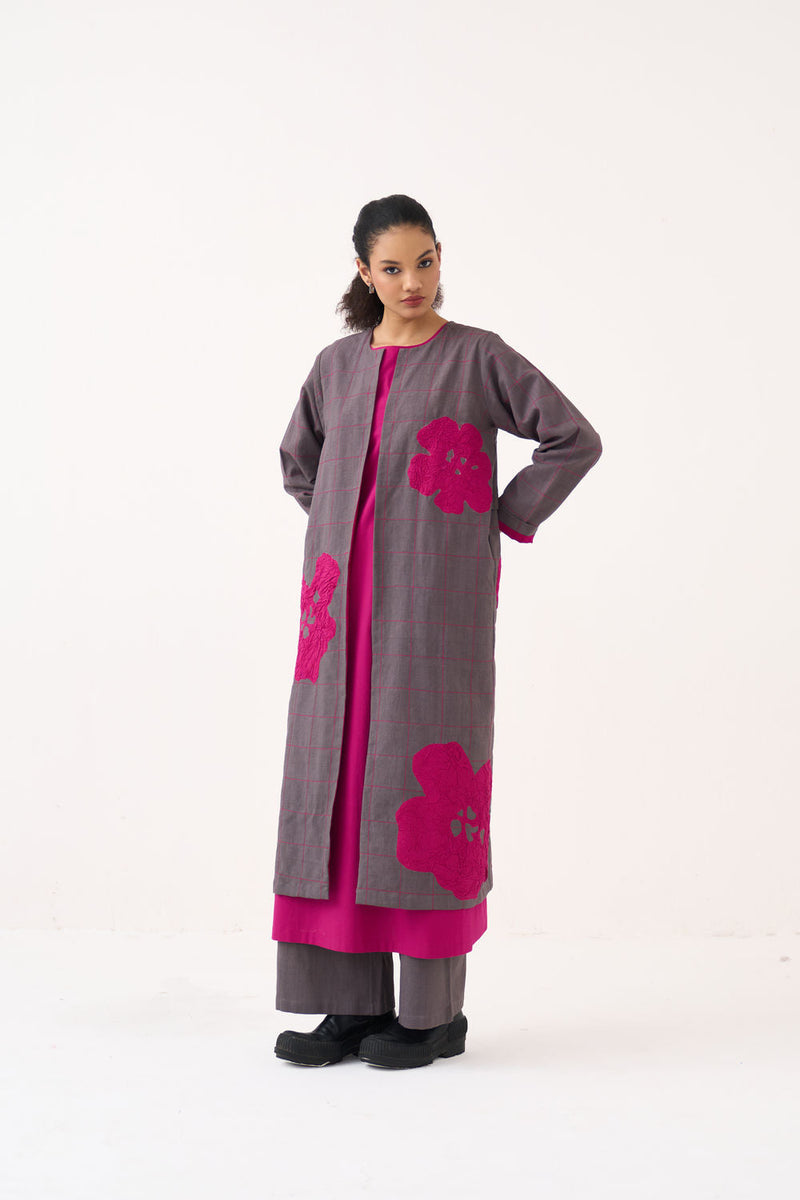 All Over Embroidery Overlay-Grey handwoven cotton jacket/overlay by THREE in grey for women in Singapore