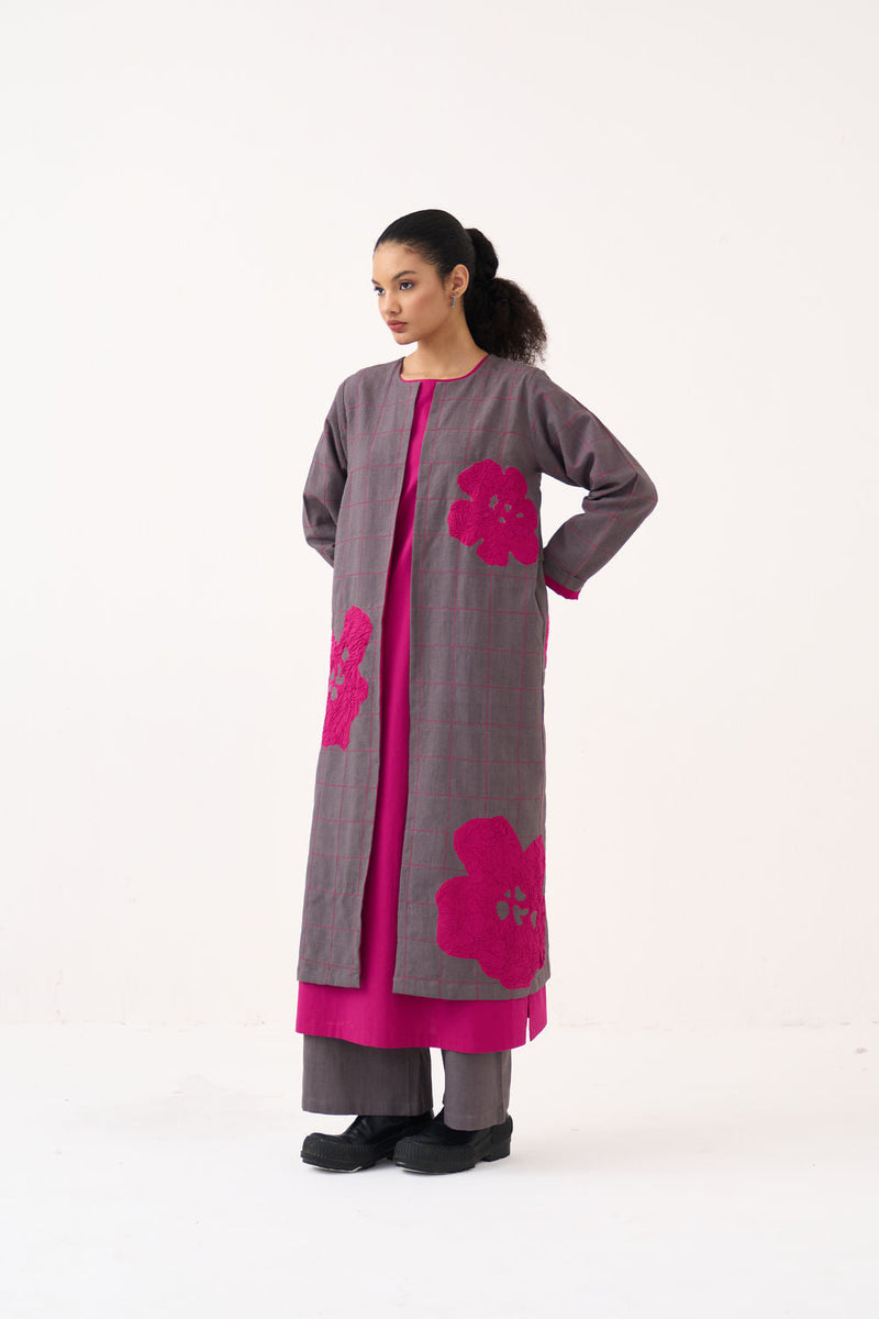 All Over Embroidery Overlay-Grey handwoven cotton jacket/overlay by THREE in grey for women in Singapore