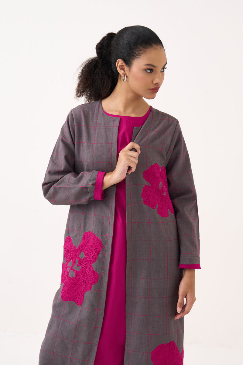 All Over Embroidery Overlay-Grey handwoven cotton jacket/overlay by THREE in grey for women in Singapore