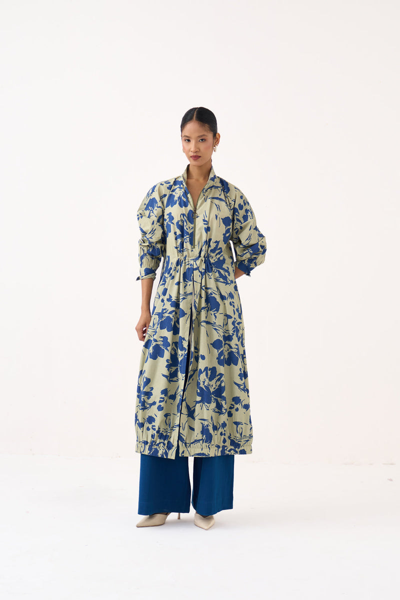 Drawstring Tunic-Cobalt Blue/Soft Moss  100% cotton poplin tunics/kaftan by THREE in cobalt blue for women in Singapore
