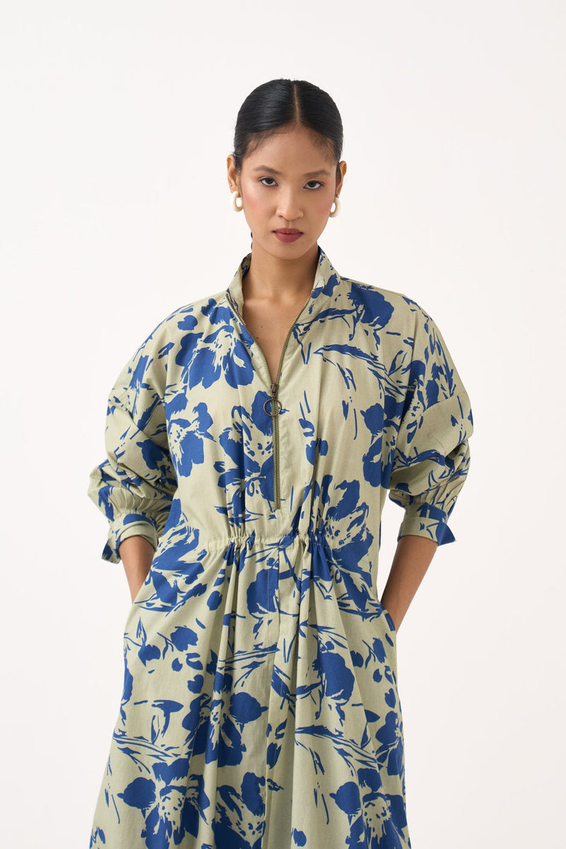 Drawstring Tunic Co-Ord-Cobalt Blue/Soft Moss 100% cotton poplin co-ord set by THREE in cobalt blue for women in Singapore
