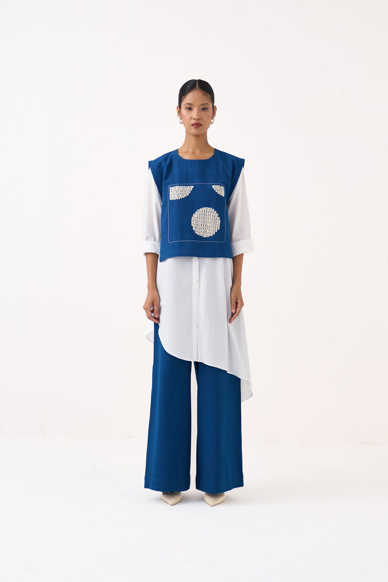 Beaded Emb. Overlay (Set Of 2)-Cobalt Blue White   handwoven cotton jacket/overlay by THREE in cobalt blue for women in Singapore