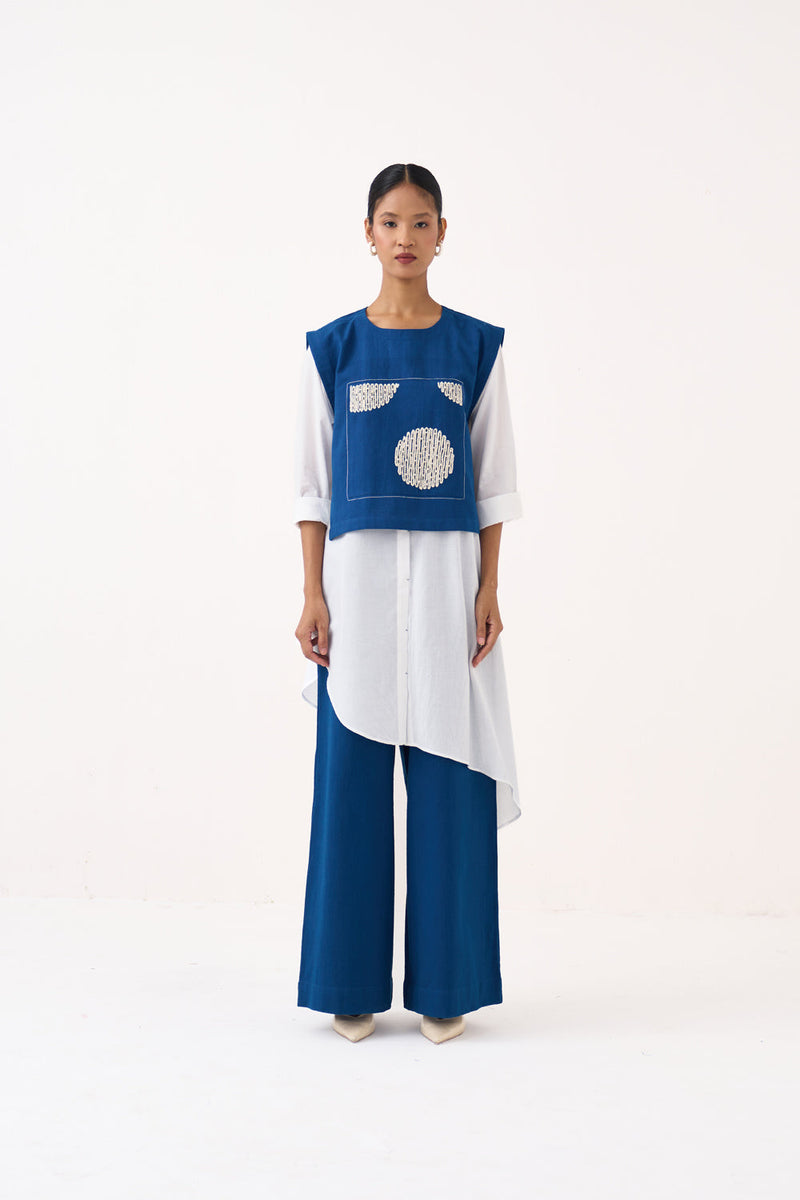Beaded Emb. Overlay Co-Ord (Set Of 3)-Cobalt Blue & White handwoven cotton co-ord set by THREE in cobalt blue for women in Singapore